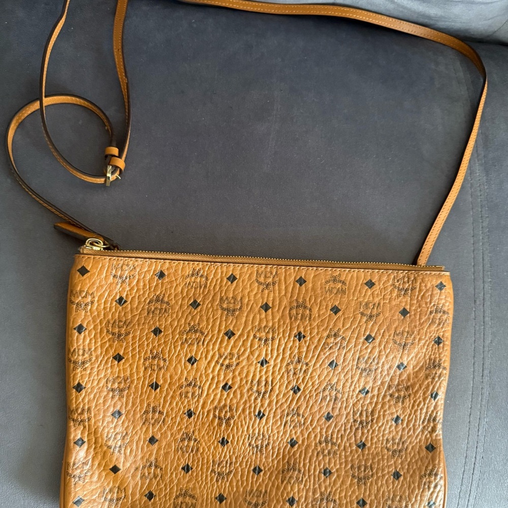 MCM Tan and Black Crossbody Bag with Iconic Monogram